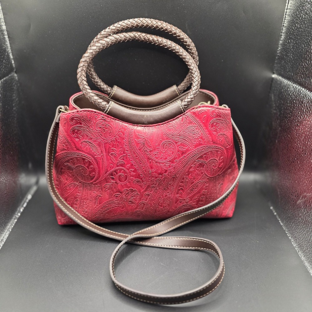 Bass‎ G.H. Bass Red Paisley Embossed Satchel Crossbody Bag Brown Braided Handle